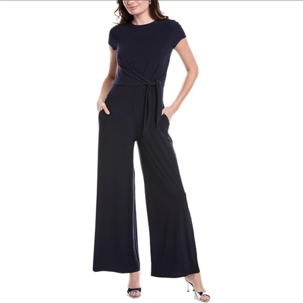 Vince Camuto Jumpsuit - black short sleeve wide leg w/matching fabric belt